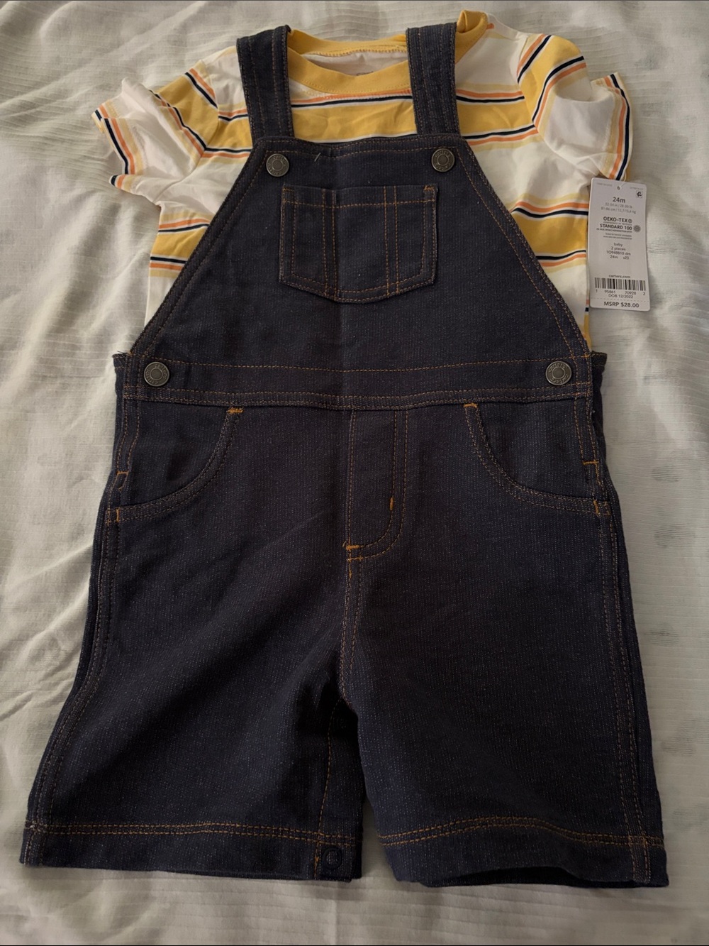Toddler Navy Denim Overalls with Yellow Striped Tee